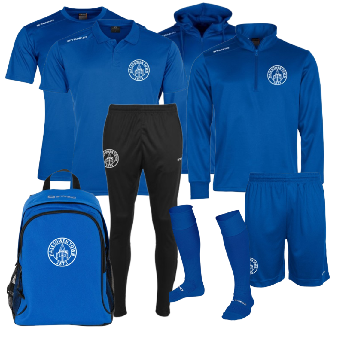 Set contains - 1 each of T Shirt, Shorts, Socks, Poloshirt, Hooded Track Top, Track Pants, Zip Neck Training Top and a Bag - all with logo.
