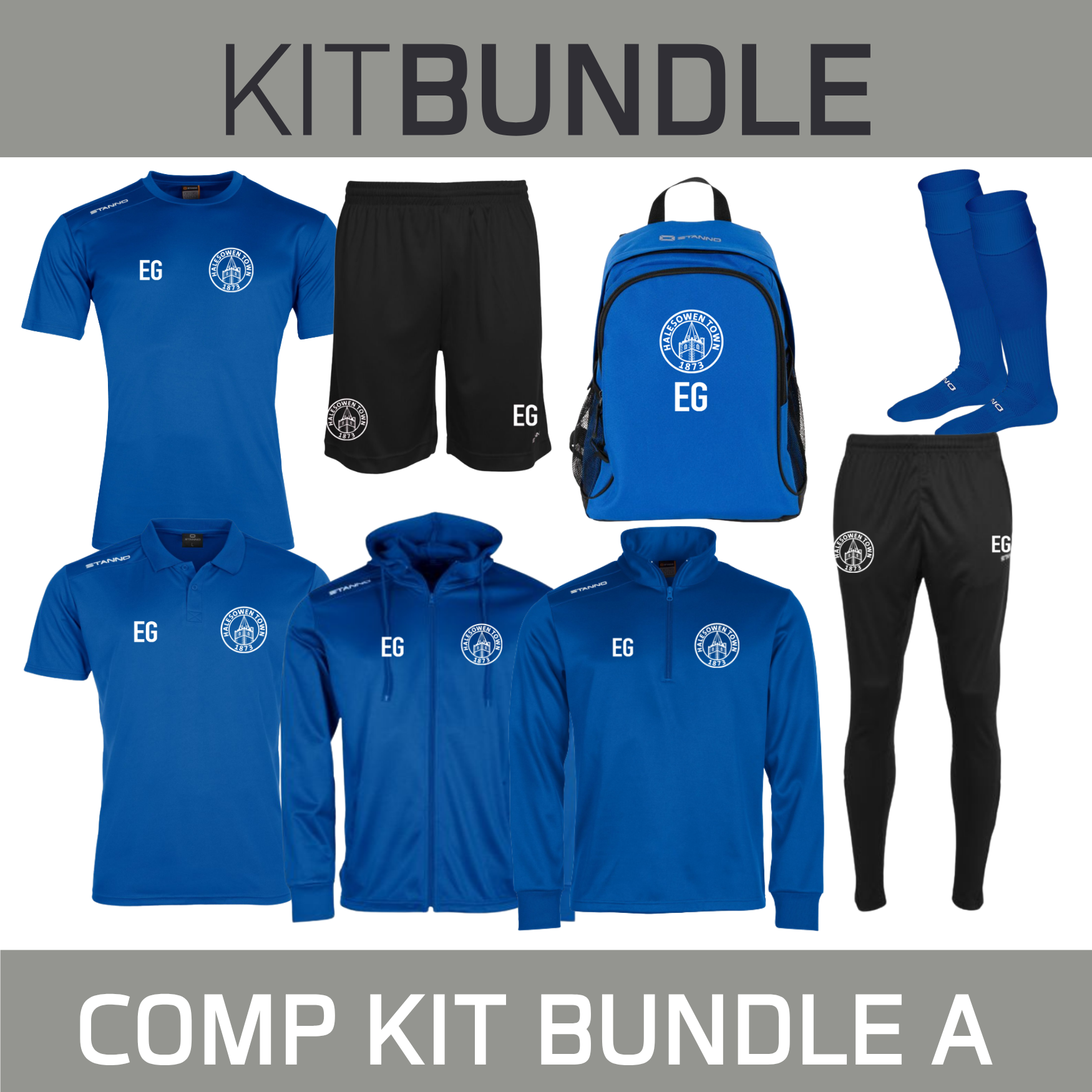 Set contains - 1 each of T Shirt, Shorts, Socks, Poloshirt, Hooded Track Top, Track Pants, Zip Neck Training Top and a Bag - all with logo.