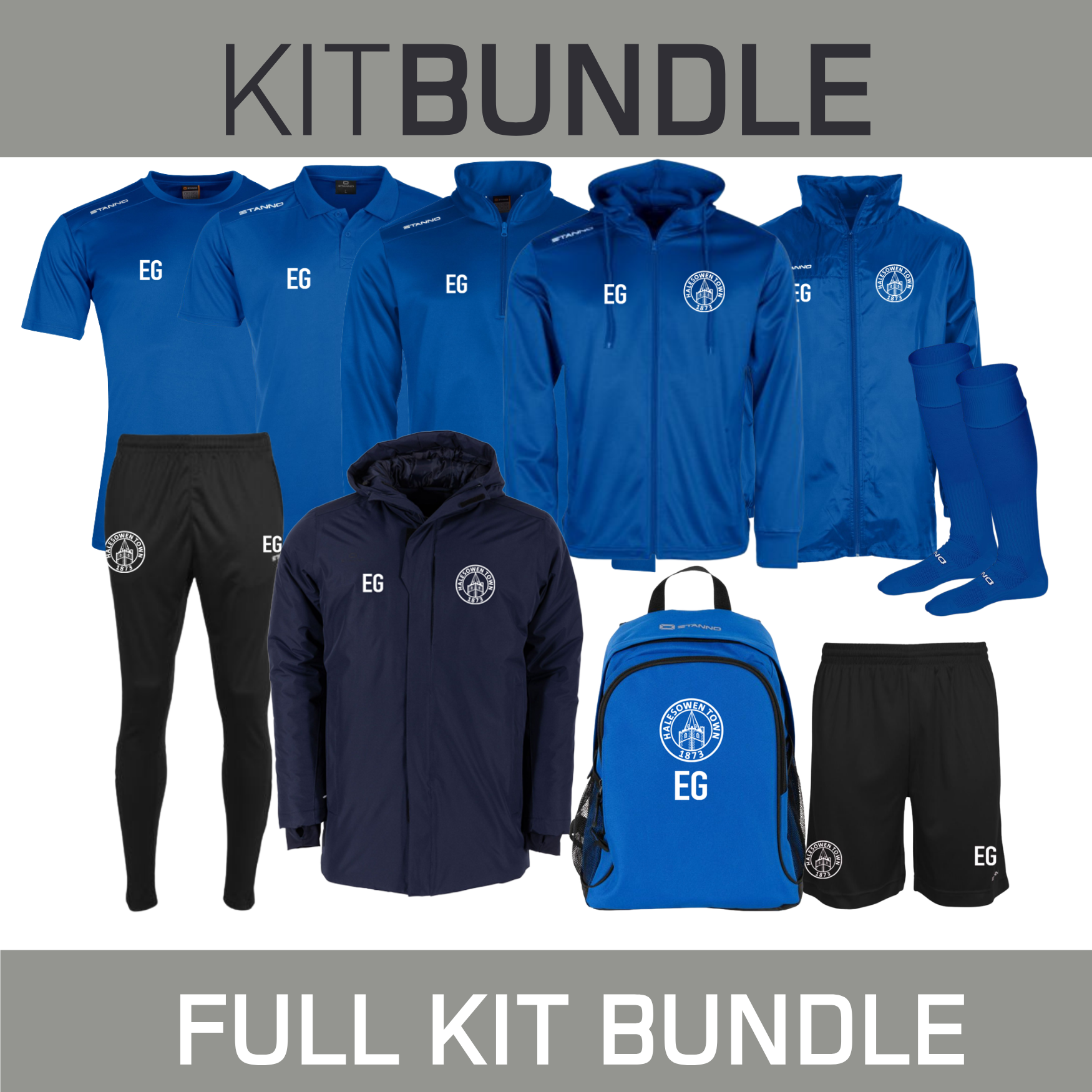 Set contains - 1 each of T Shirt, Shorts, Socks, Poloshirt, Hooded Track Top, Track Pants, Zip Neck Training Top and a Bag plus both shower jacket and warm bench coat- all with logo.