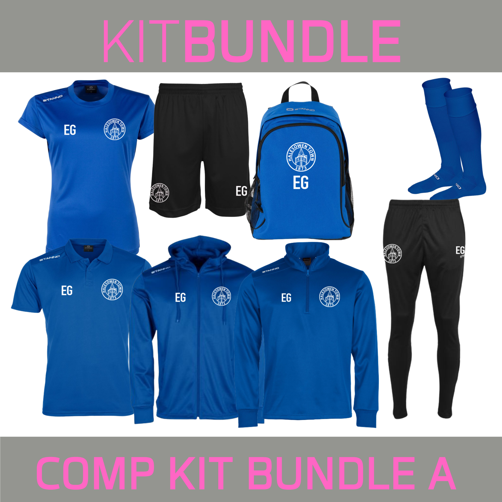 Set contains - 1 each of Girls Fit T Shirt, Shorts, Socks, Poloshirt, Hooded Track Top, Track Pants, Zip Neck Training Top and a Bag - all with logo.