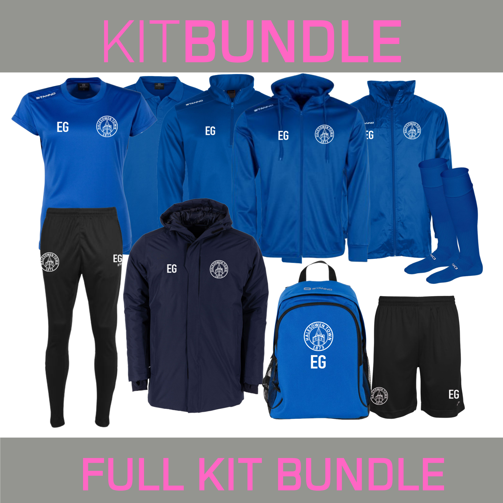 Set contains - 1 each of Girls Fit T Shirt, Shorts, Socks, Poloshirt, Hooded Track Top, Track Pants, Zip Neck Training Top and a Bag plus both shower jacket and warm bench coat- all with logo.