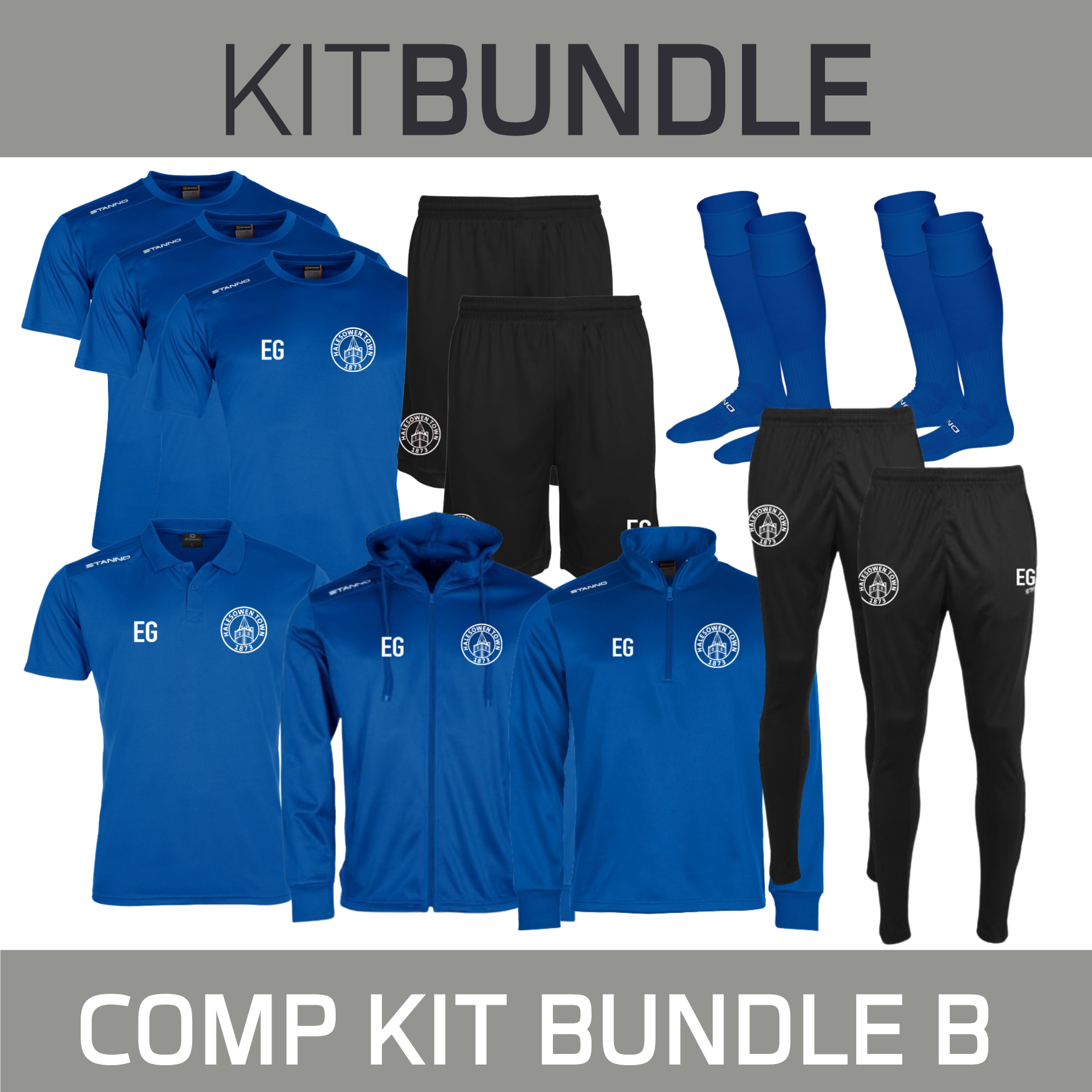 Set contains - 3 x T Shirt,  2 Shorts ,2 Socks, 1 Poloshirt, 1 Hooded Track Top, 2 Track Pants, 1  Zip Neck Training Top.