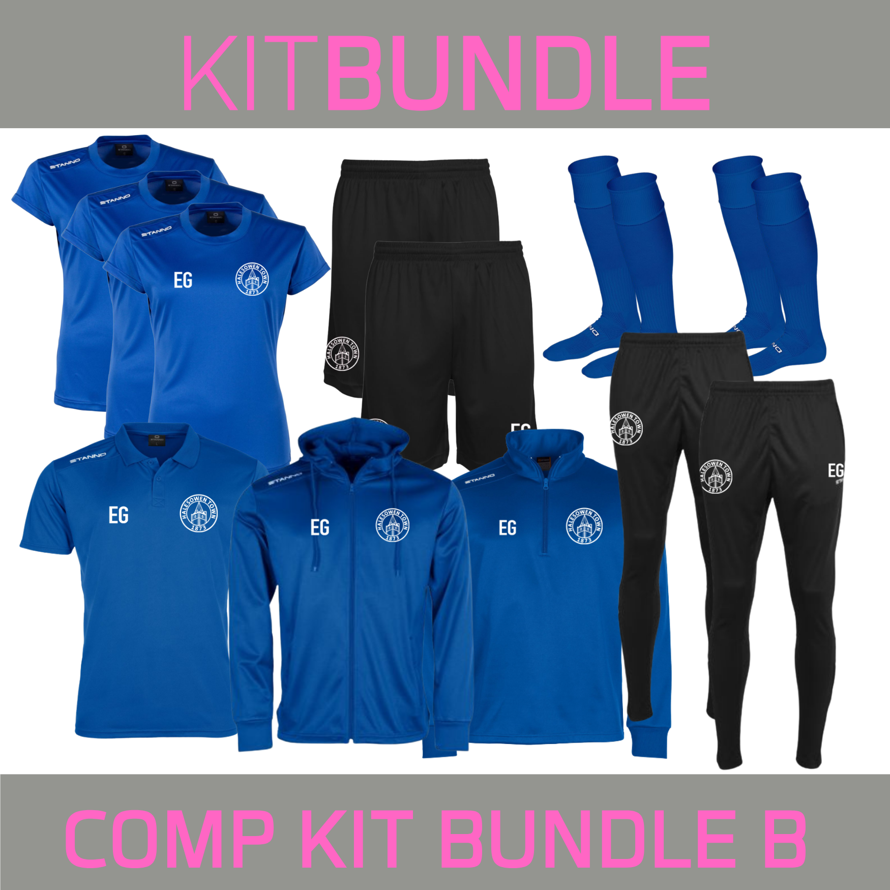 Set contains - 3 x Girls T Shirt,  2 Shorts ,2 Socks, 1 Poloshirt, 1 Hooded Track Top, 2 Track Pants, 1  Zip Neck Training Top.